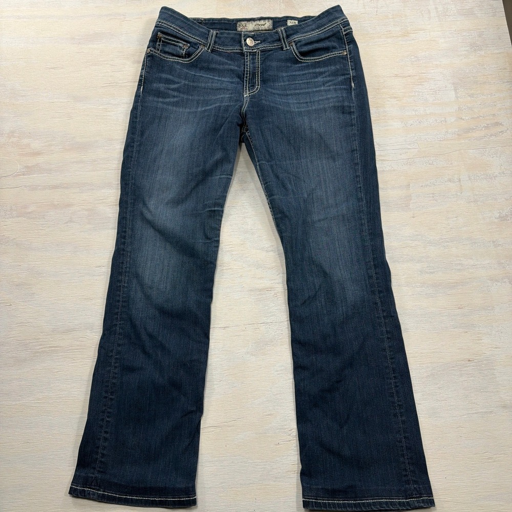 BKE Jeans Harper Bootcut 32R Distressed Contrast Stitch Dark Wash Denim Womens